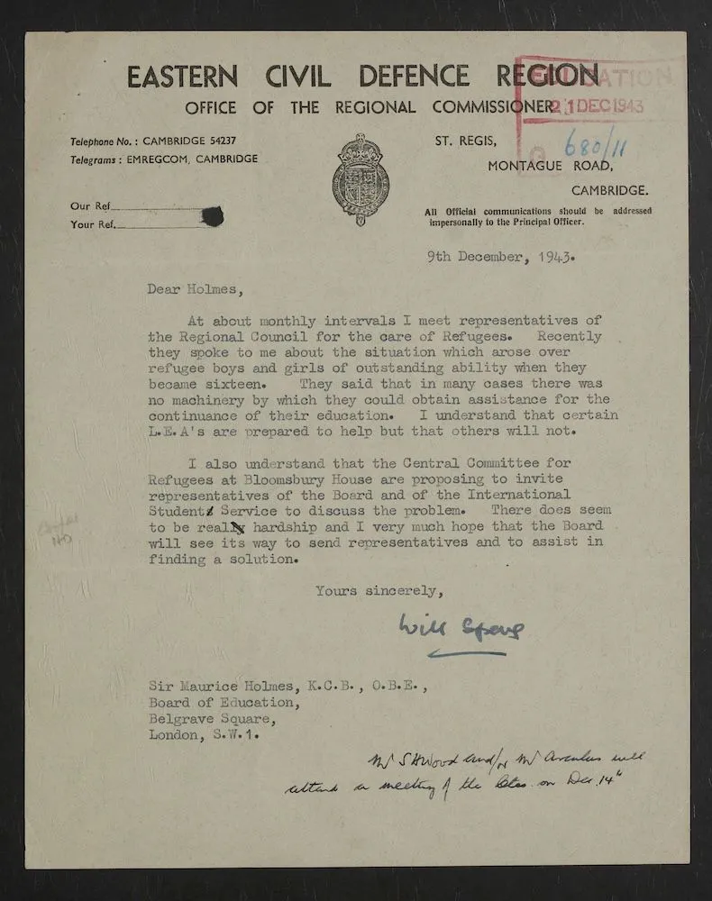 Typed letter to the Board of Education regarding the education of Kinder refugees from 1943