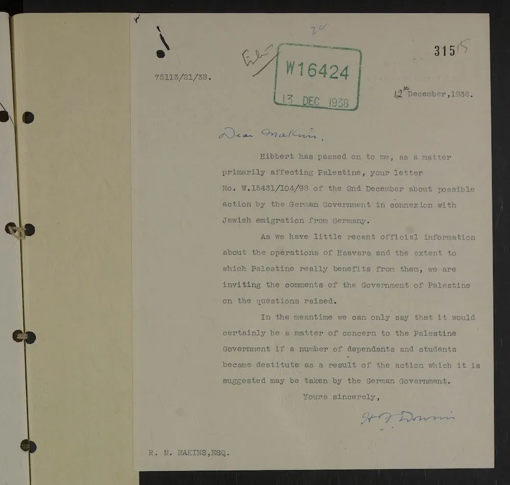 Typed letter from the Foreign Office regarding the escalating situation in Germany in 1938