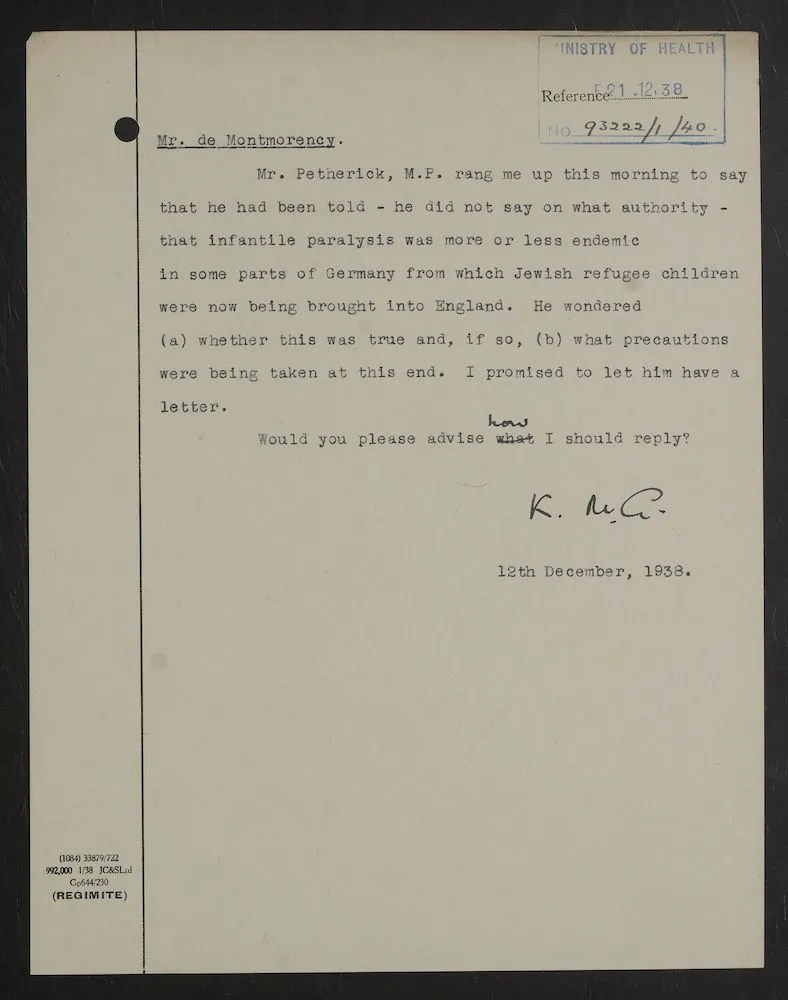 A typed document from the Ministry of Health regarding the medical conditions of refugee children from Germany dating from 1938