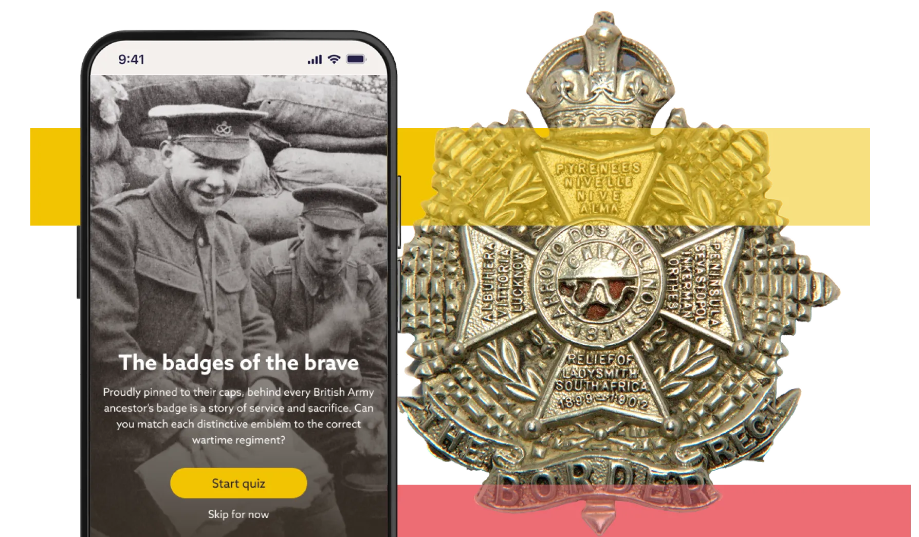 The Findmypast Puzzles app alongside a Military cap badge