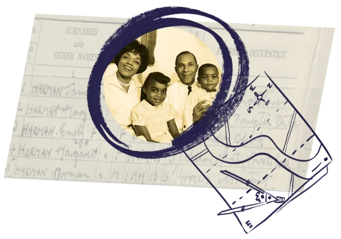 A family photograph sits on a family history record