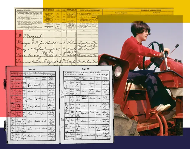 Women working on a farm with historical records visible