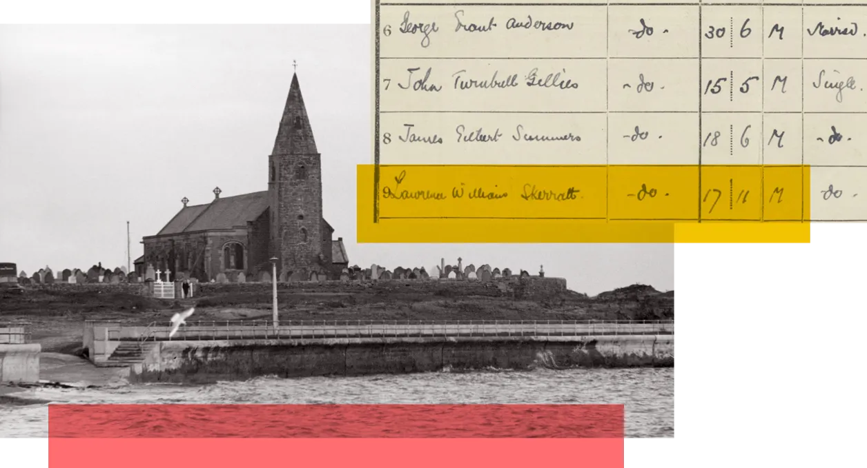 An old image of a church sits behind a record for Lawrence William Skerratt