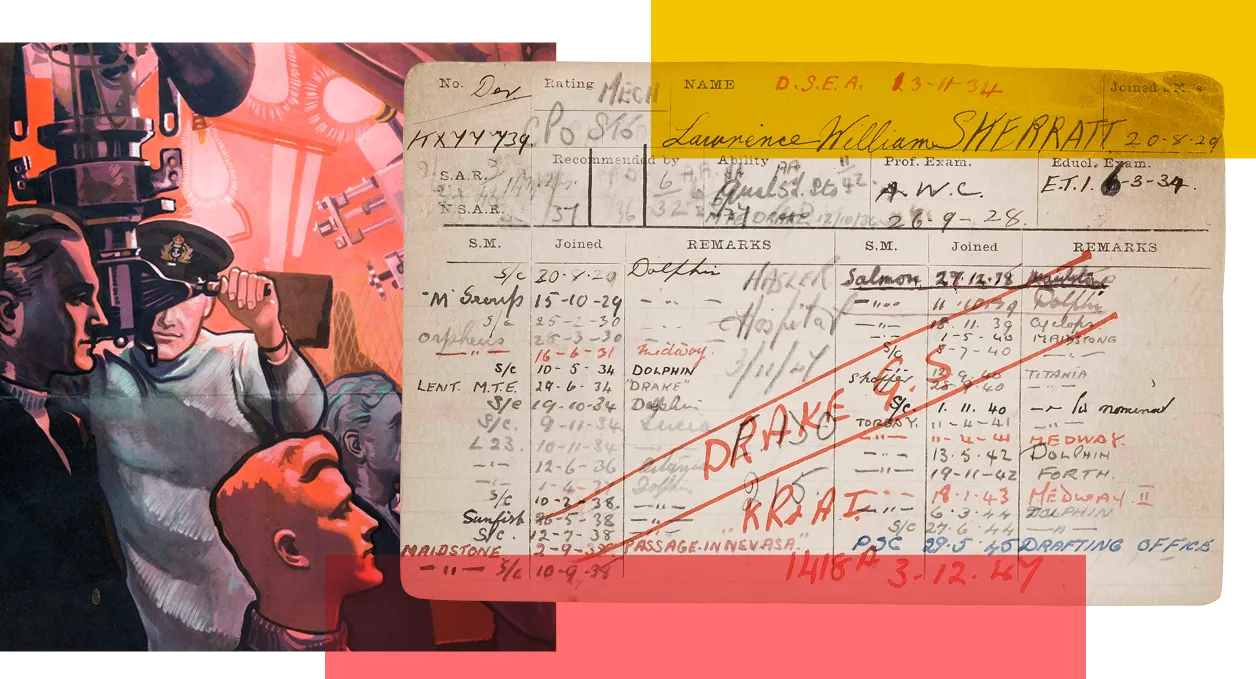 A submarine record and a historical illustration of the inside of an early military submarine